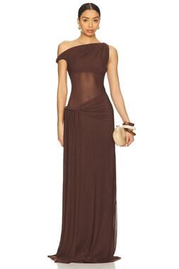Misha Sisal Espresso Goddess Ethereal Mesh Stretch Elegant Maxi $440 NWT M